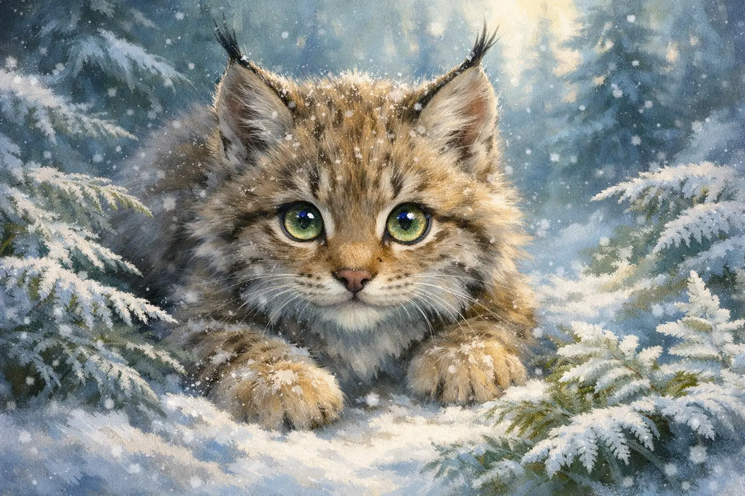 Verspieltes Luchs-Baby in verschneiter Waldlichtung mit Farnen