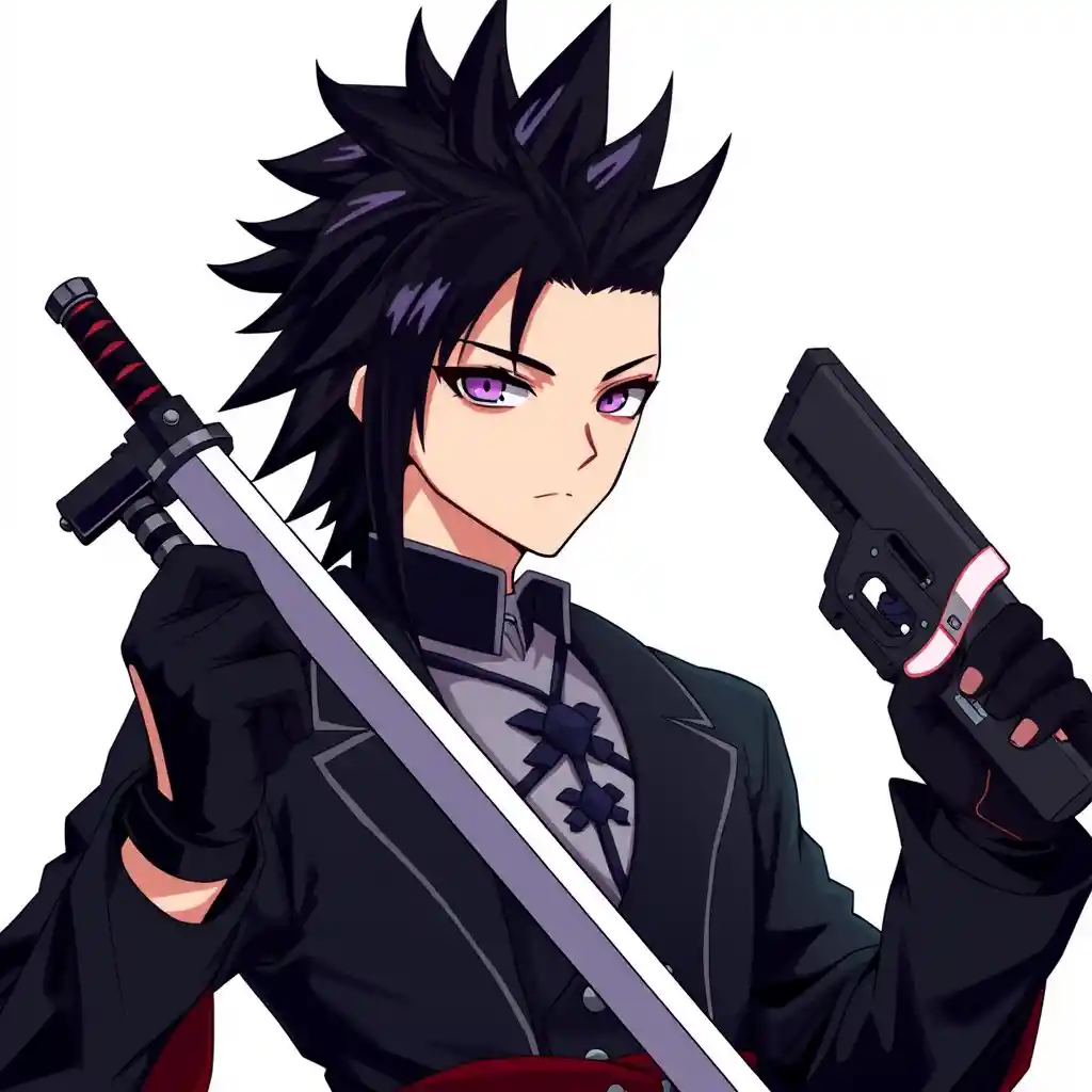 Anime demon slayer warrior with sword and gun ready