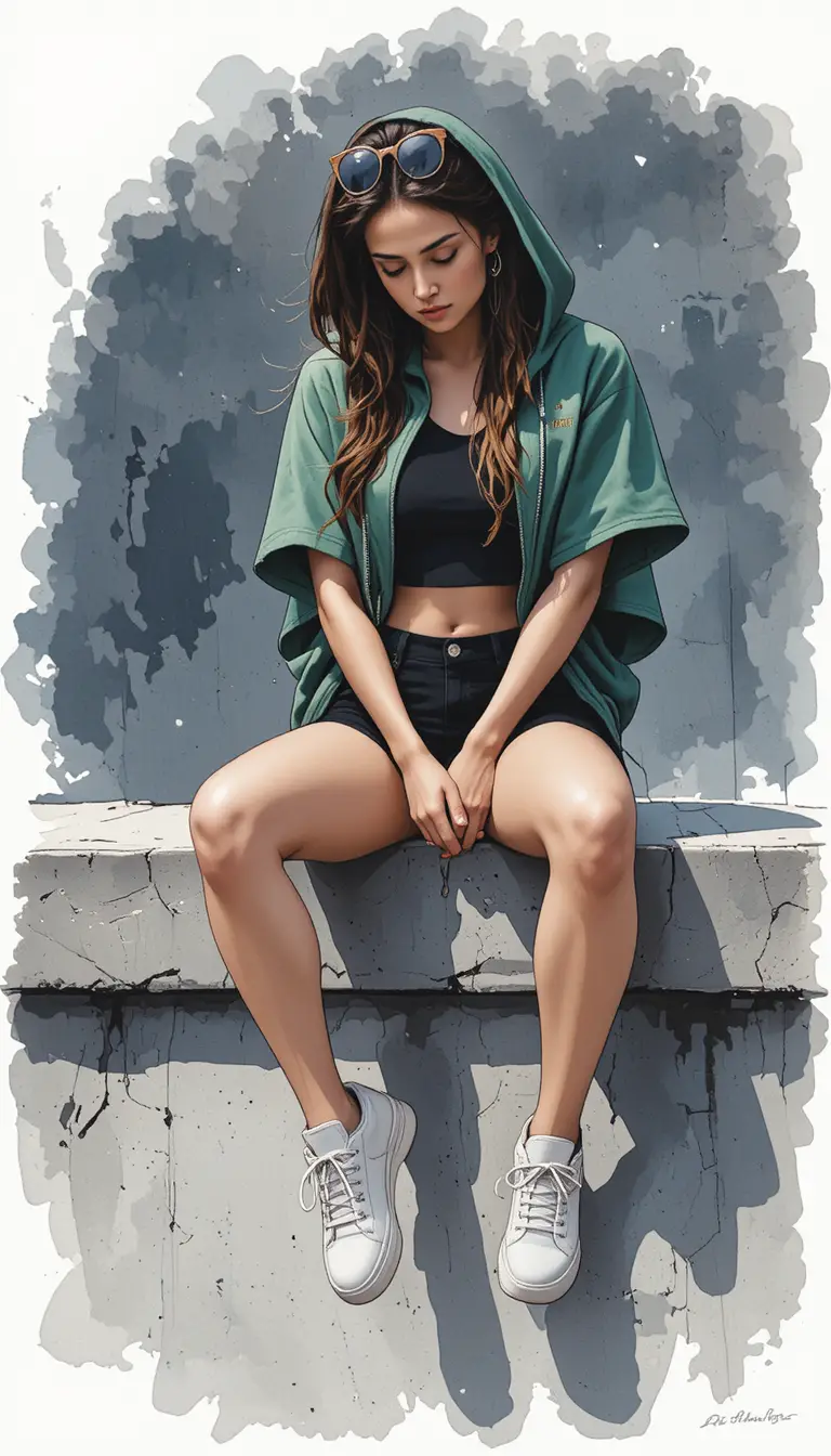 Young woman in green hoodie sitting on concrete wall