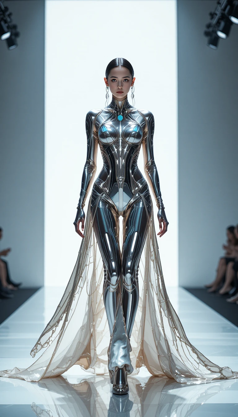 Futuristisches Couture-Model in flüssigem Metall auf weißem Laufsteg
