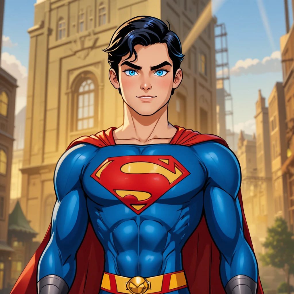 Male cartoon superhero standing in a bright cityscape