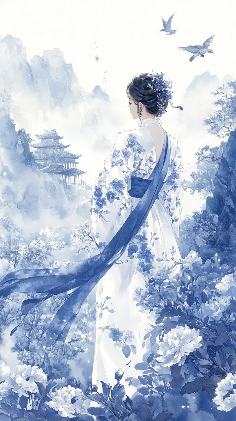 Elegante asiatische Frau in blau-weißem Blumenkleid