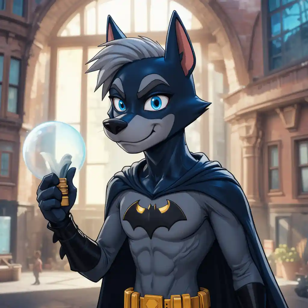 Cartoon grey bat hound dog with blue eyes