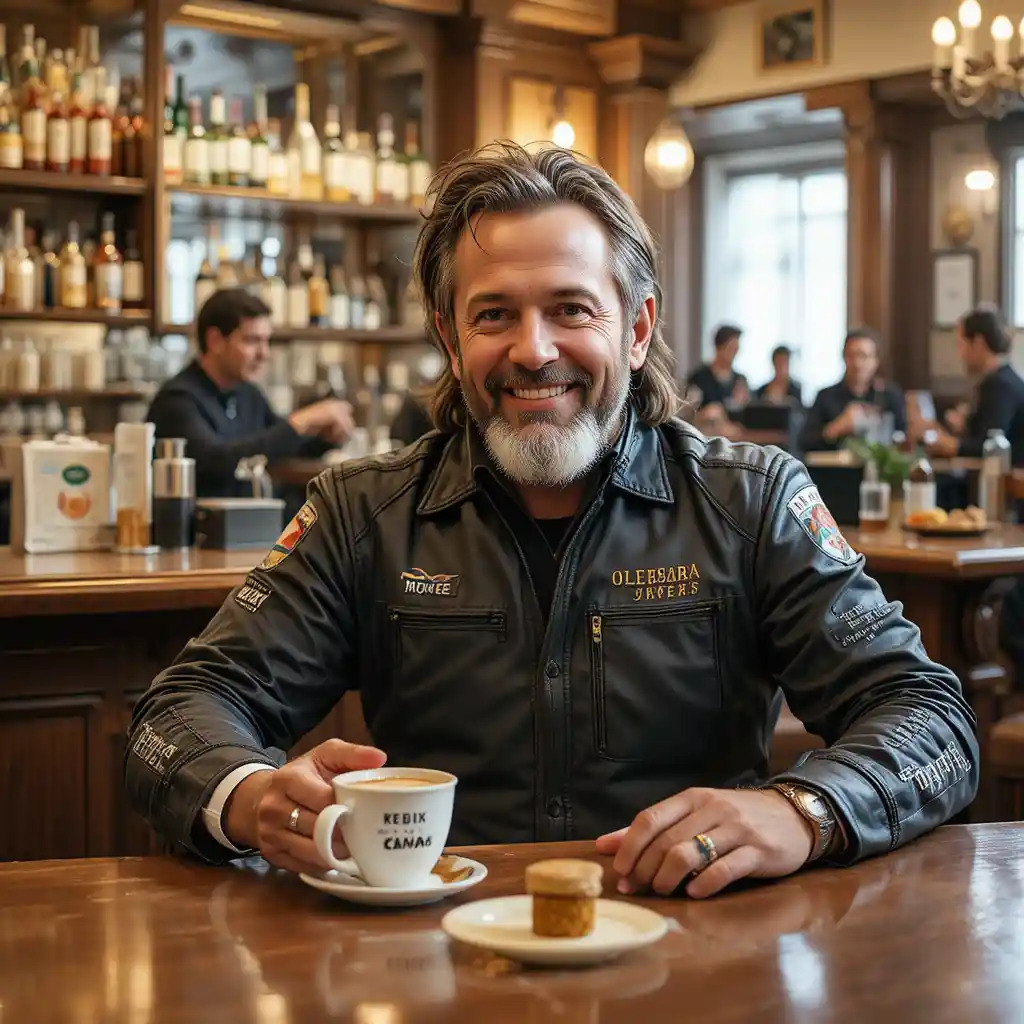 Lächelnder Motorradfahrer an der Bar des Hotels Olmuccio mit Kaffee