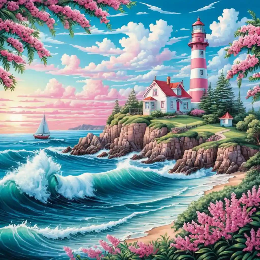 Phare estival en bord de mer avec vagues et fleurs roses