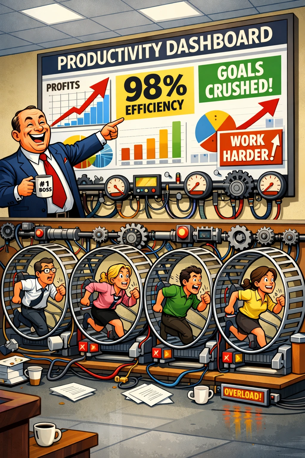 Manager montrant un immense tableau de bord de productivité dans un bureau absurde