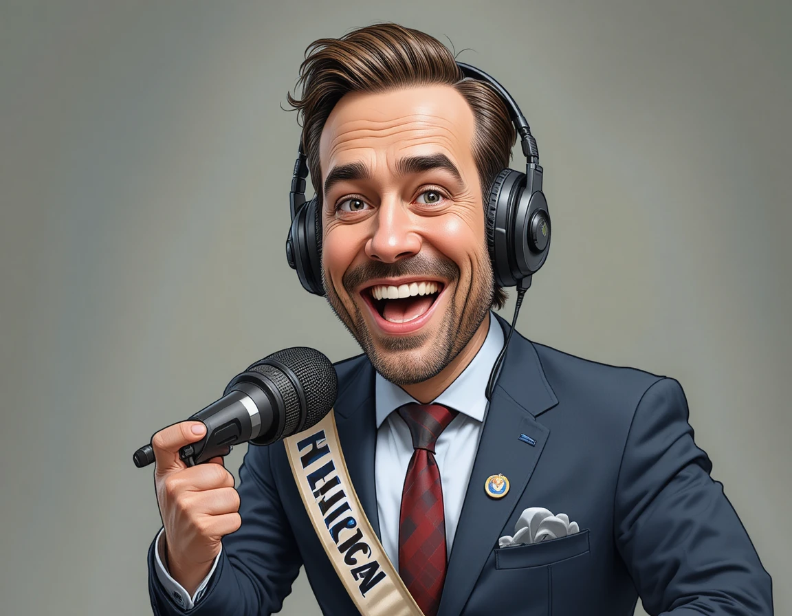 Caricatura satirica di un conduttore radiofonico dominante al lavoro