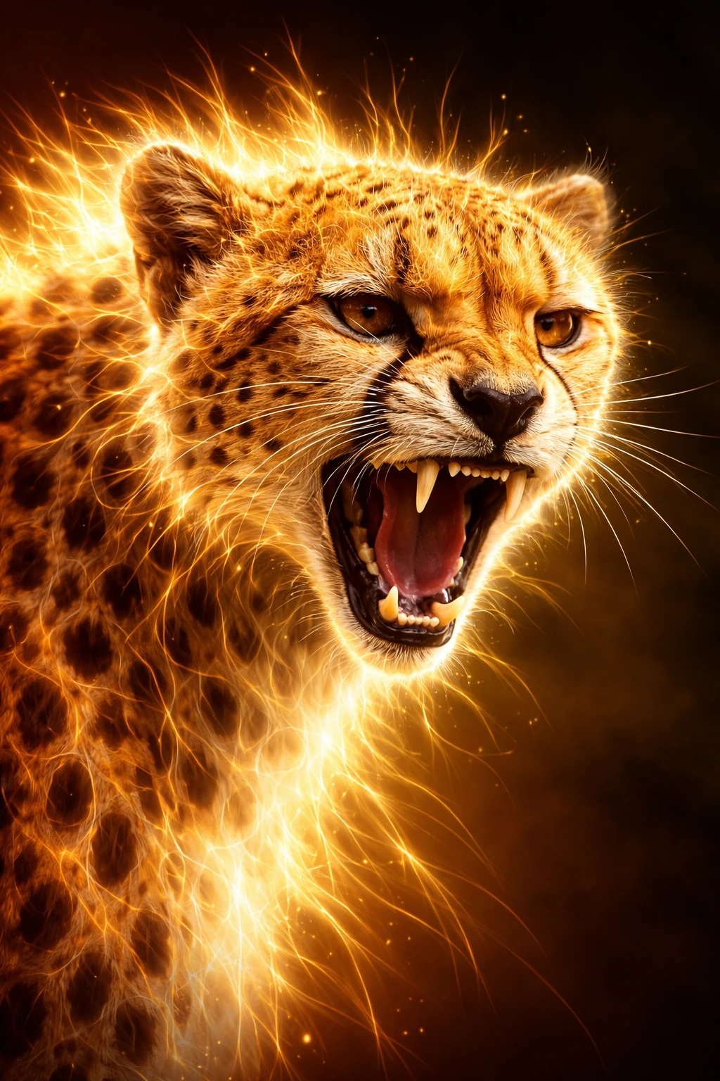 Glowing fractal cheetah portrait roaring in the dark