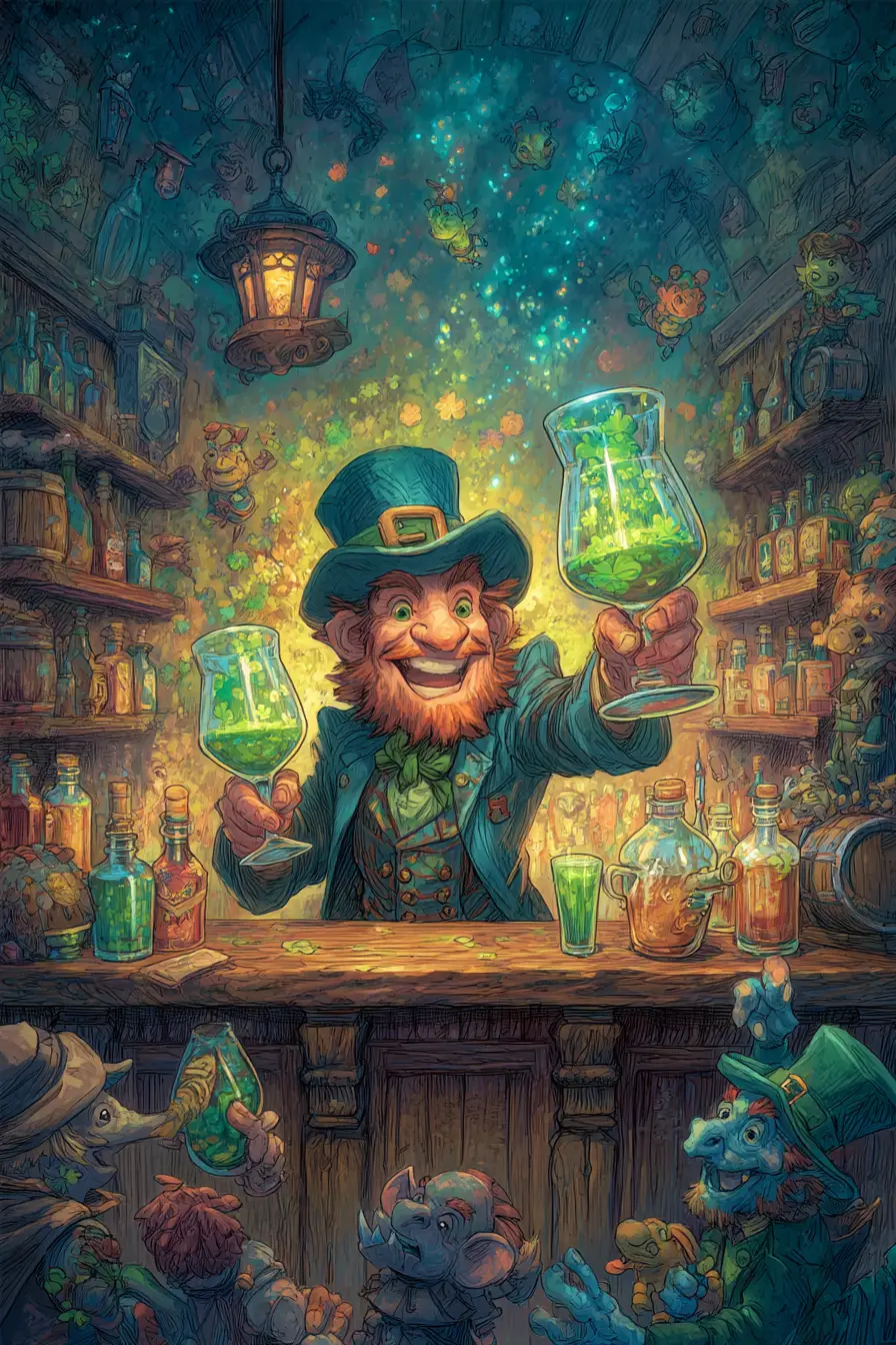 Barman lutin espiègle jonglant avec des cocktails verts lumineux