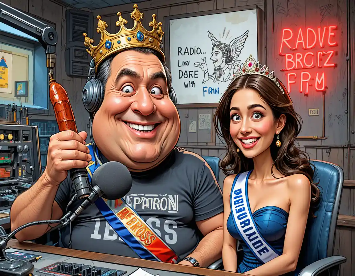 Apresentador de rádio bem‑humorado com coroa em estúdio colorido em estilo de quadrinhos