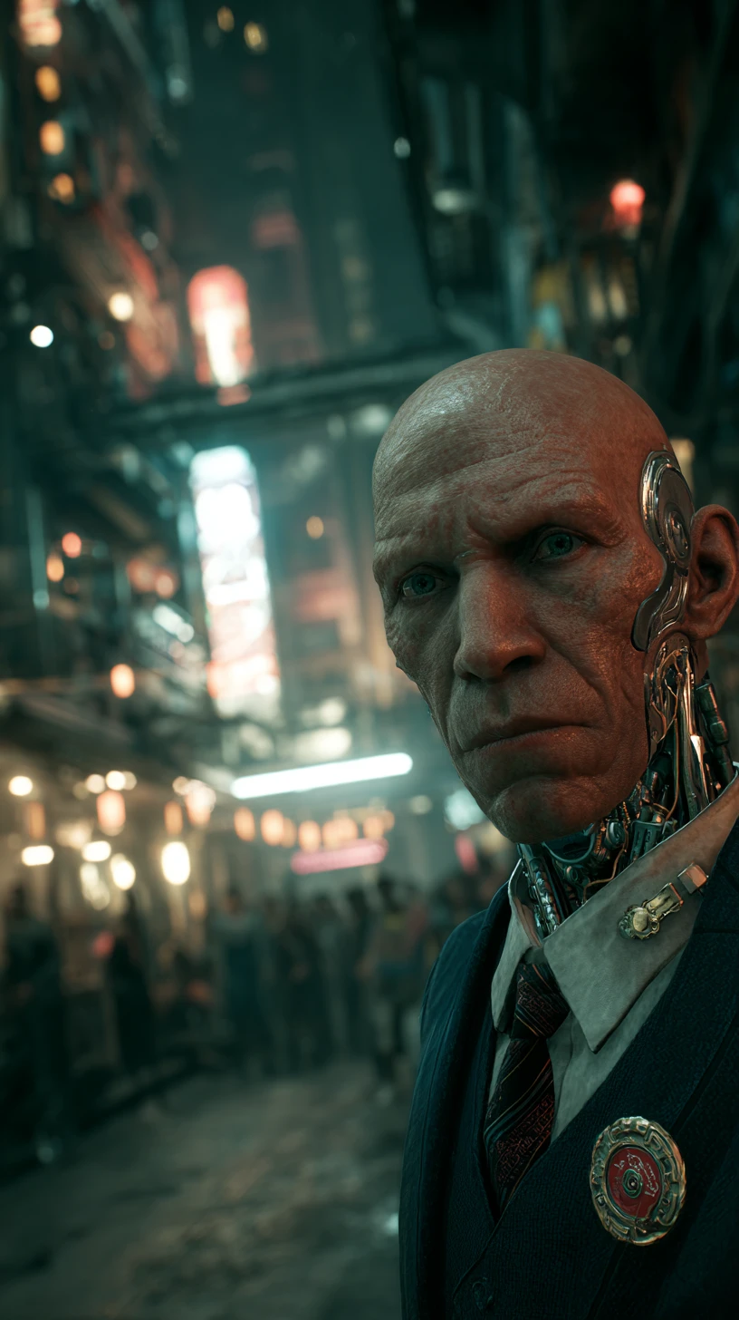 Uomo d'affari cyborg che digrigna il volto in una buia strada futuristica