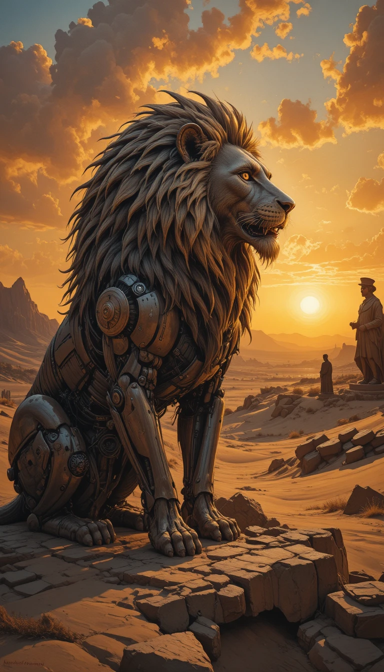 Mechanical lion overlooking a vast desert at sunset