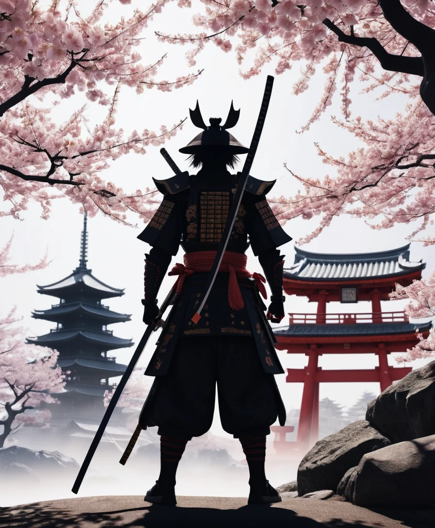 Geisha e samurai em silhueta com flores de cerejeira