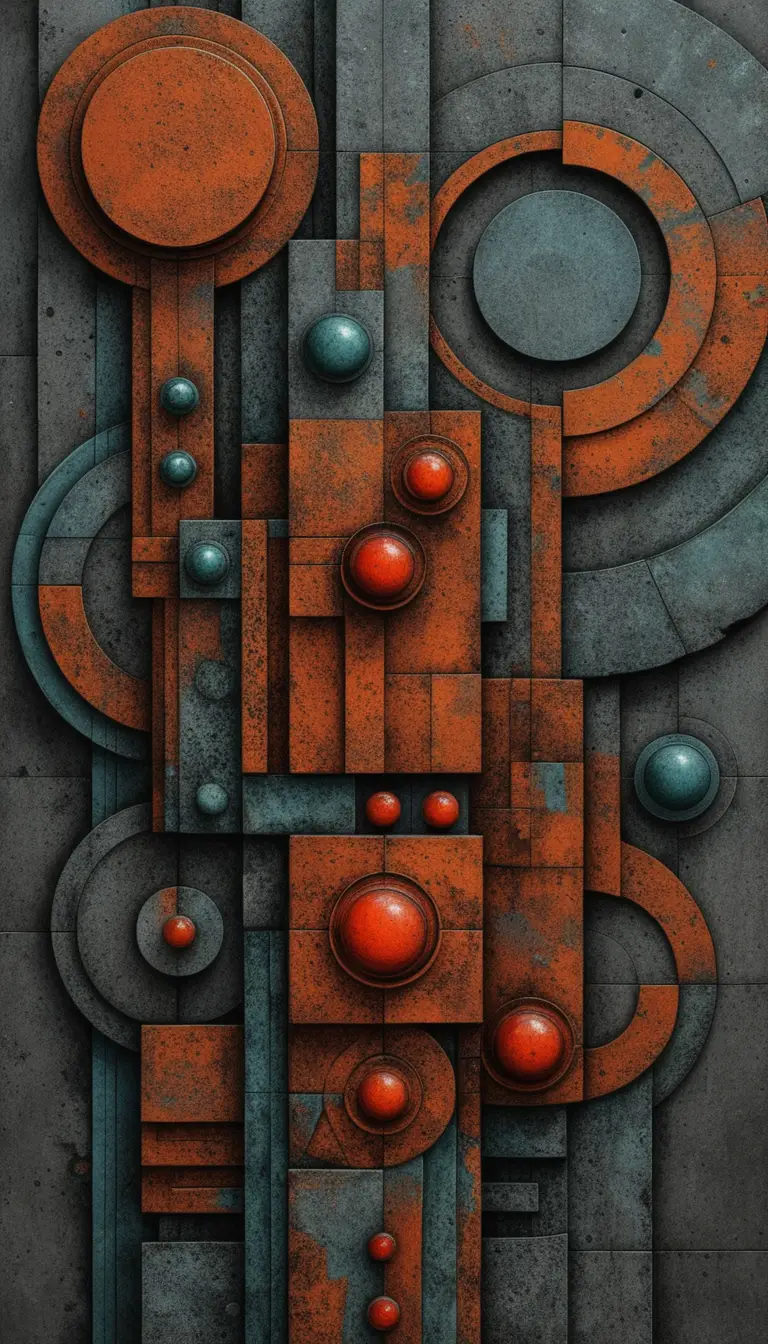 Abstract brutalist geometric tower with glowing red orbs