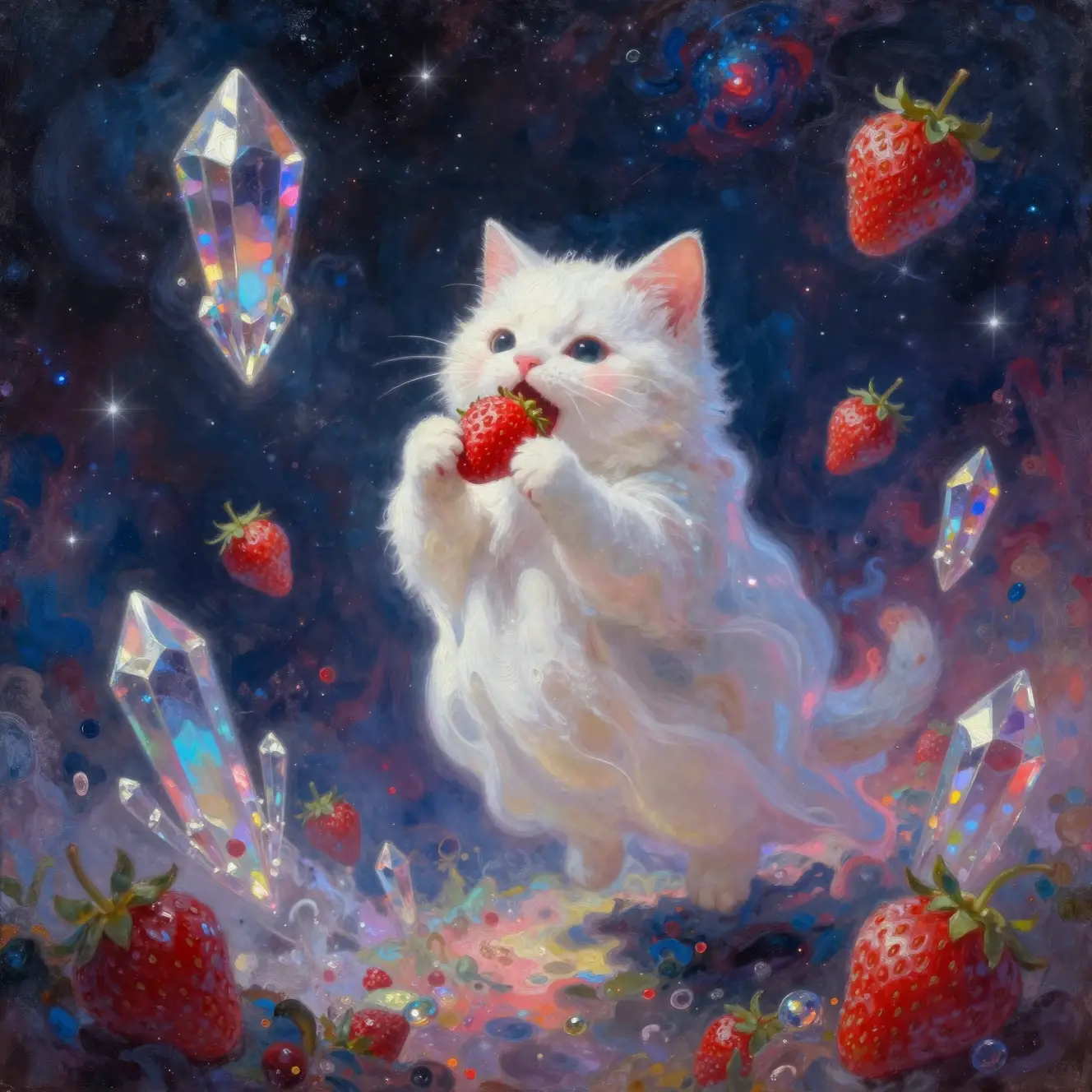 在宇宙夢境中吃草莓的可愛幽靈貓