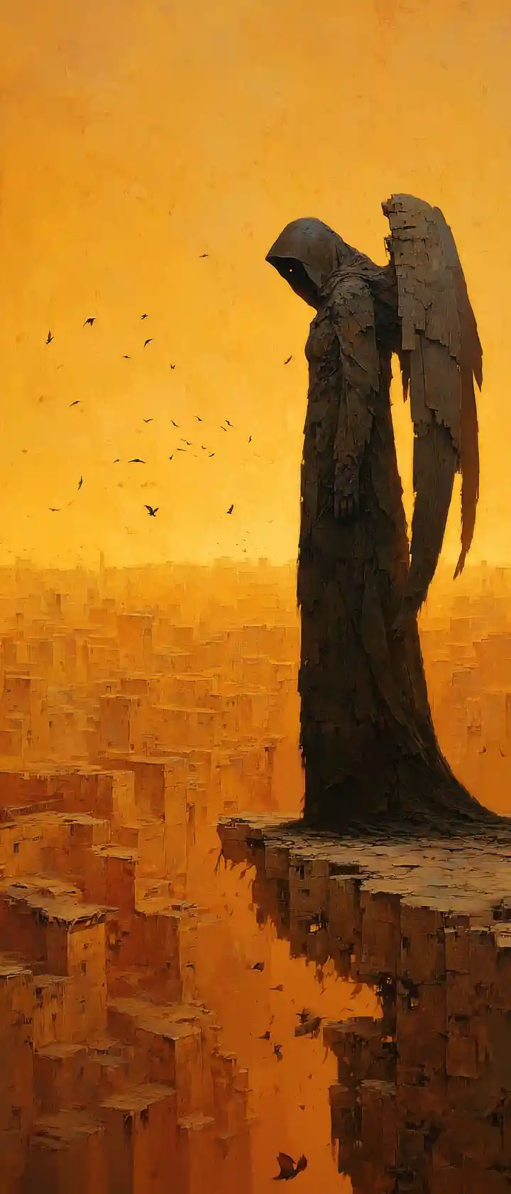 Donna divina in stile anime che ascende da un deserto distopico di ossa