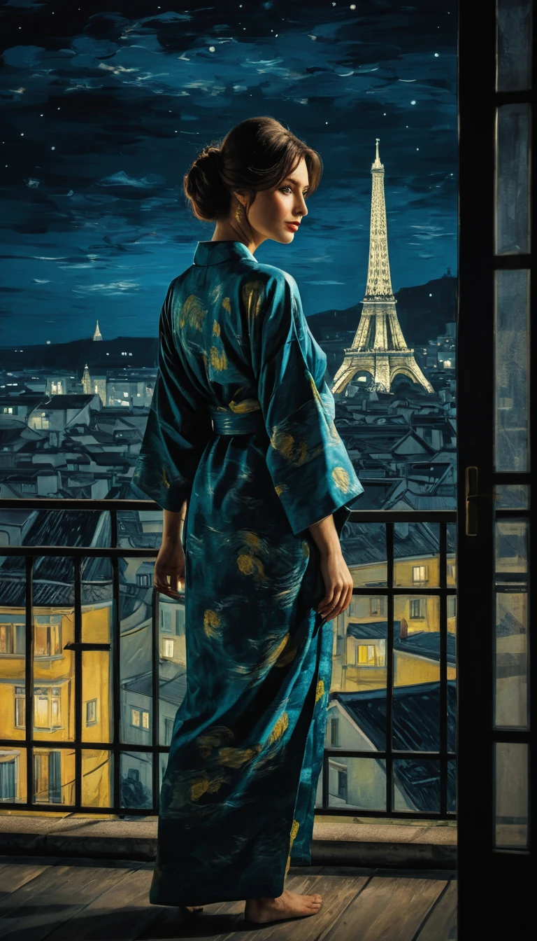 Misteriosa donna in kimono di seta sul balcone di notte