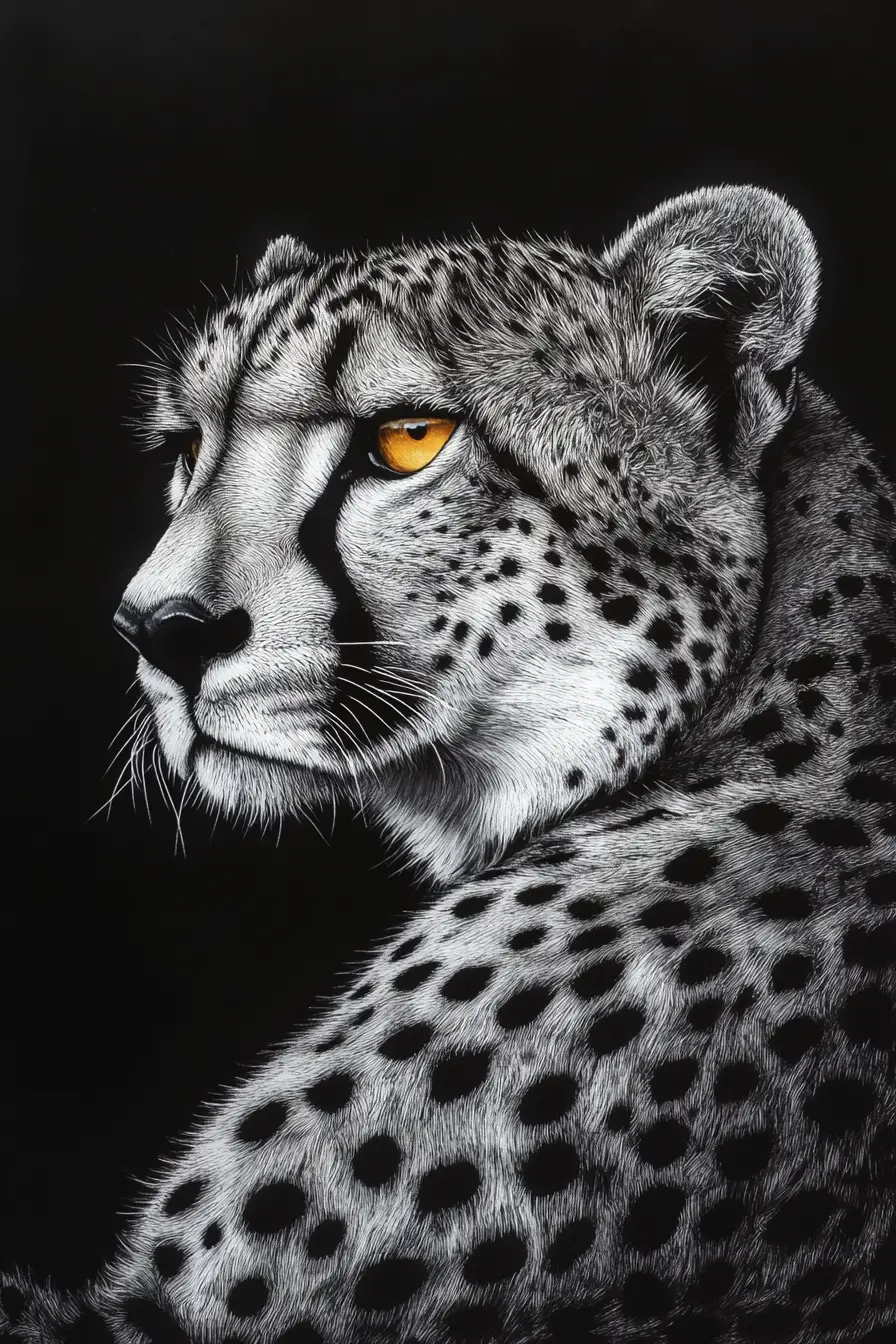 Guépard monochrome de profil au repos sur fond noir