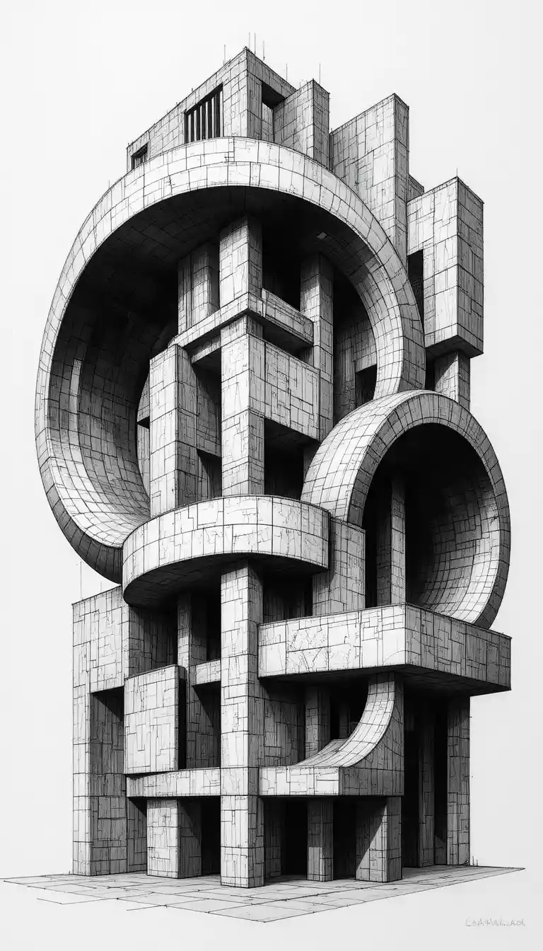 Dessin à l’encre architectural abstrait complexe aux formes courbes
