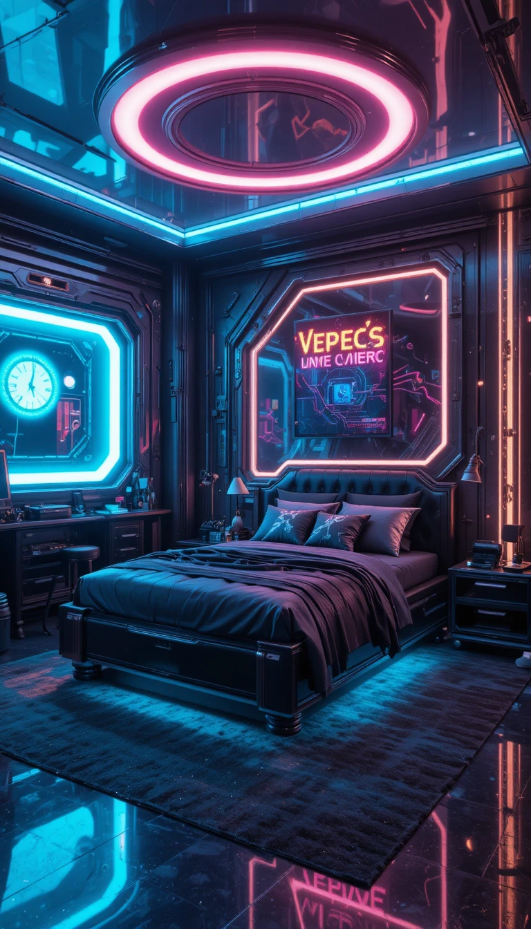 Camera da letto futuristica cyberpunk con luci al neon e letto elegante