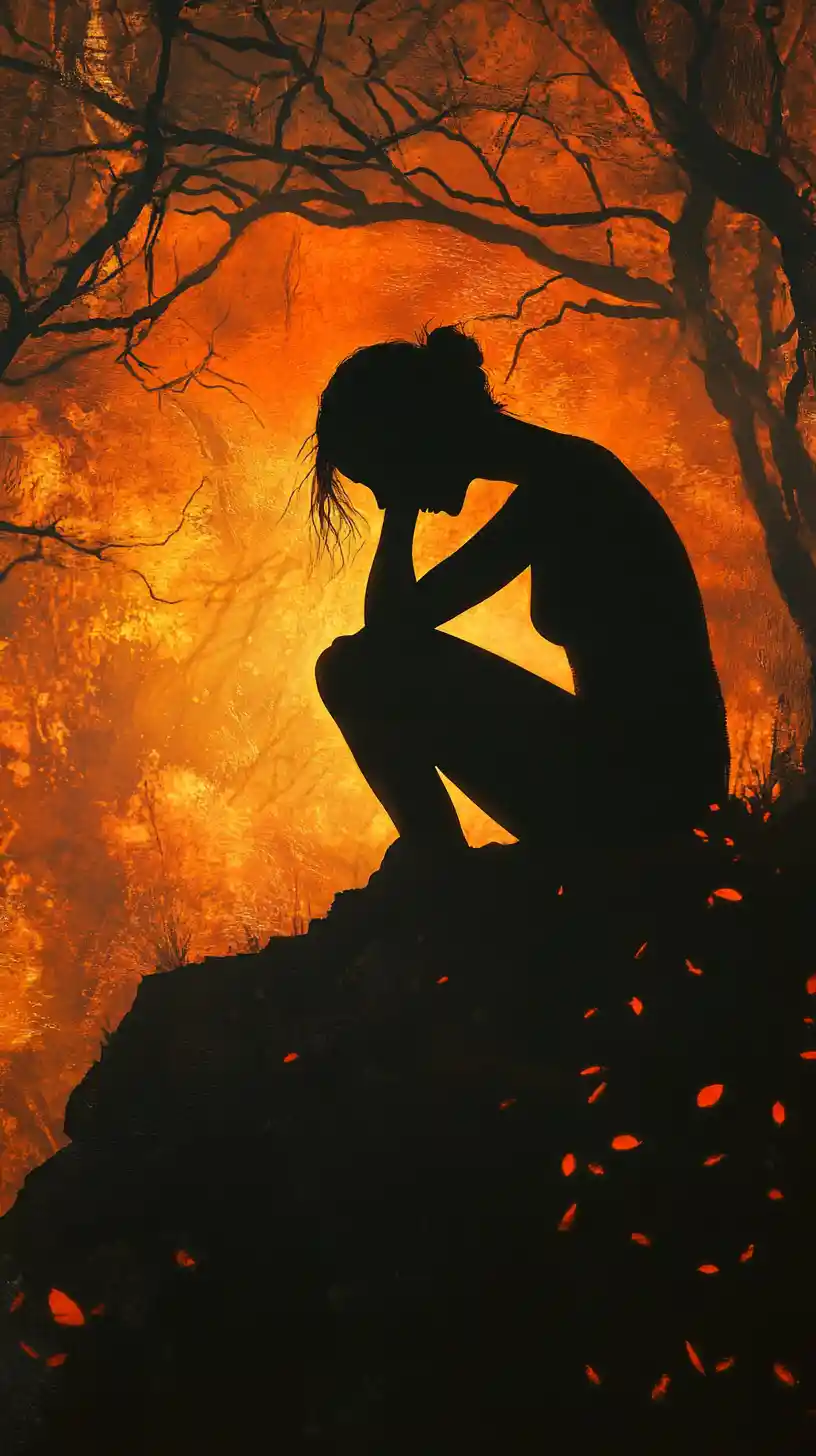 Solitary woman silhouette on a rock in fiery backlight