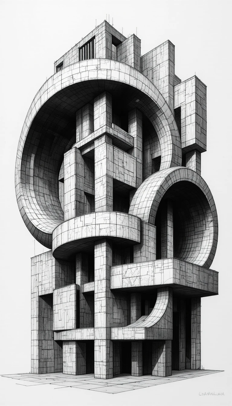Dessin à l’encre architectural abstrait complexe aux formes courbes