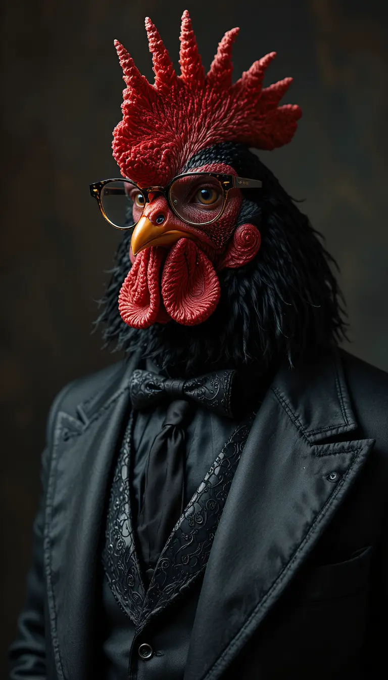 Poule professeur élégante en tenue de soie noire et lunettes