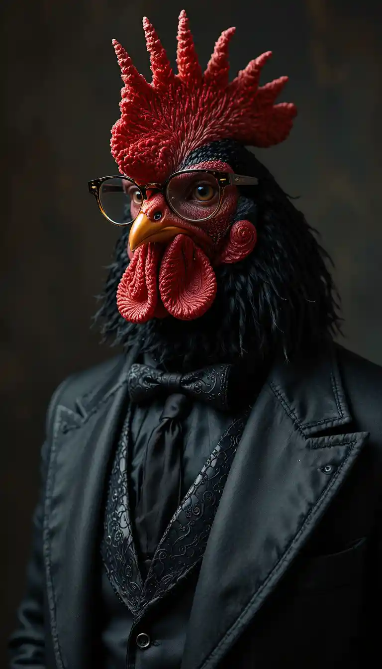 Elegant professor chicken in black silk clothing and glasses