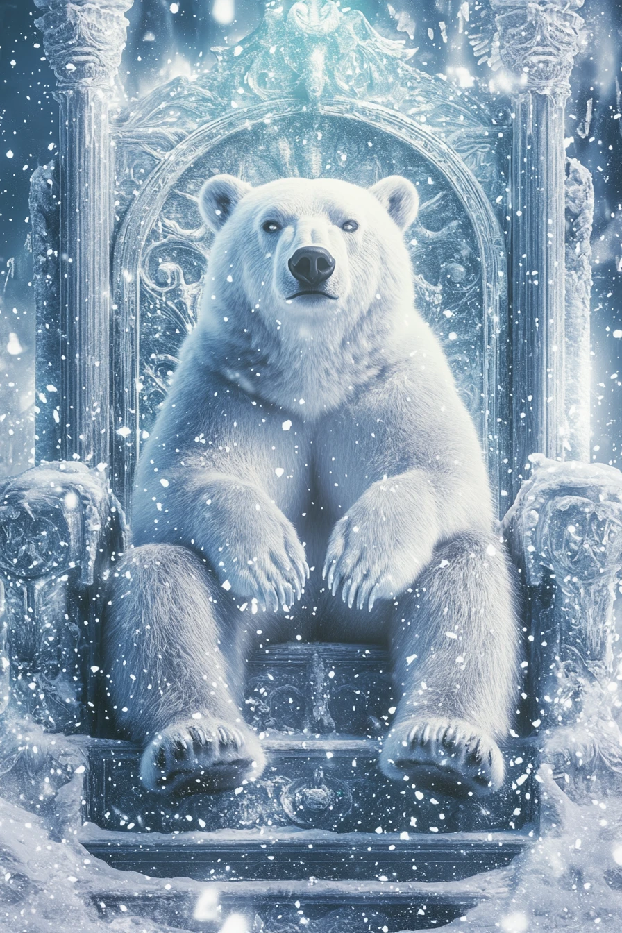 Urso‑polar régio em um trono de gelo com neve cintilante