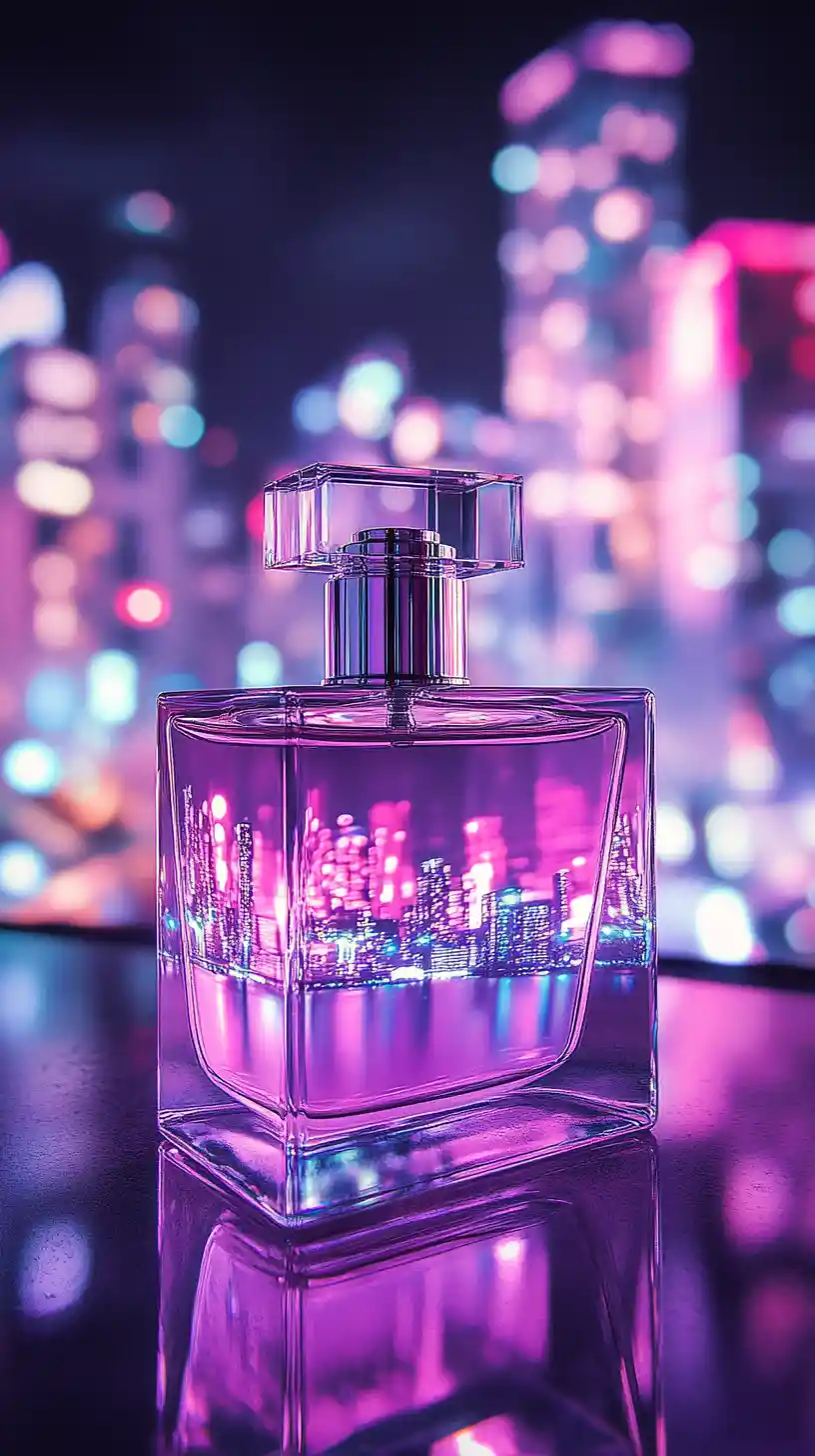 Perfume bottle with purple city lights reflection