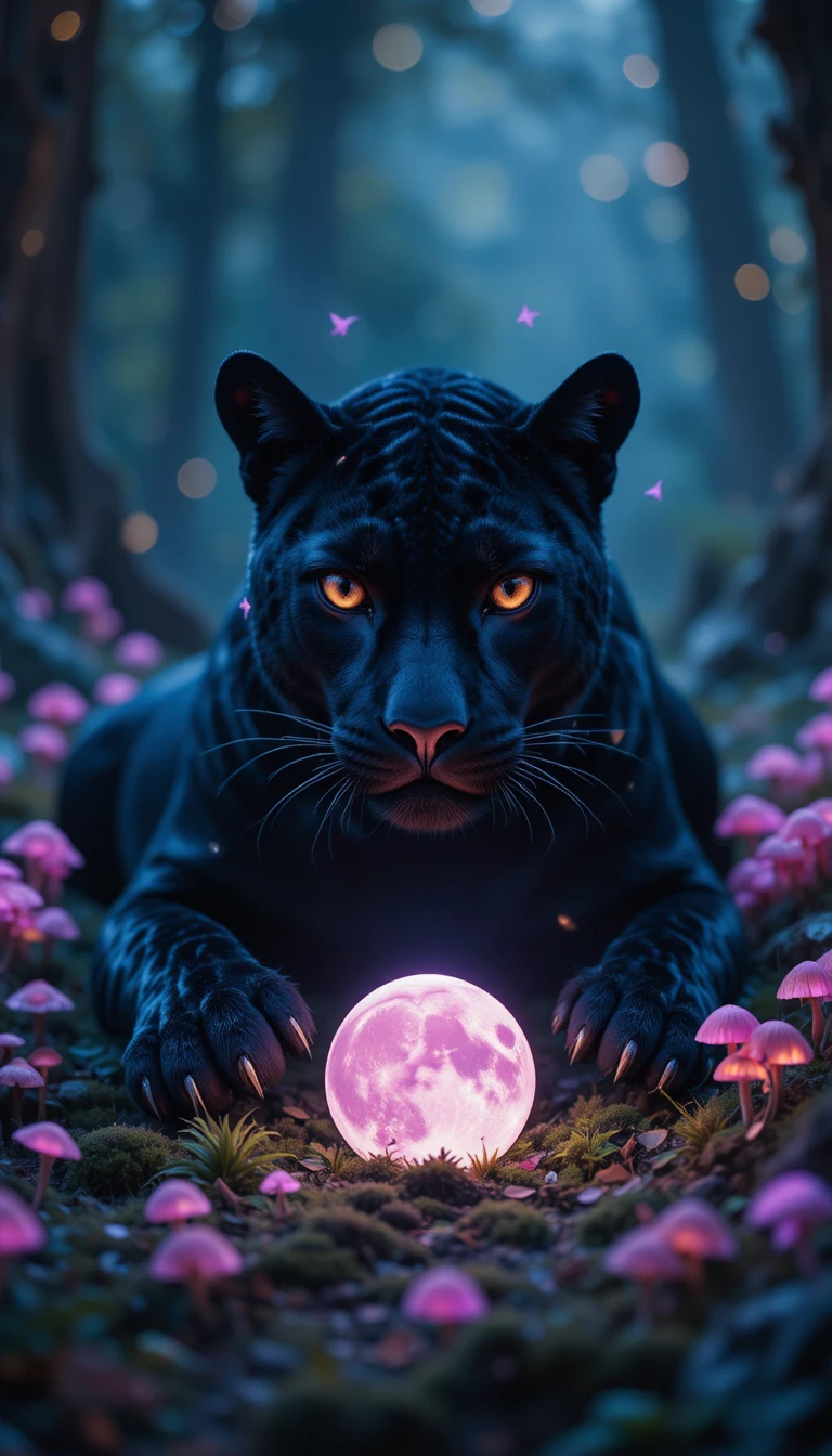 Schwarzer Panther ruht mit leuchtendem Mond im verzauberten Wald