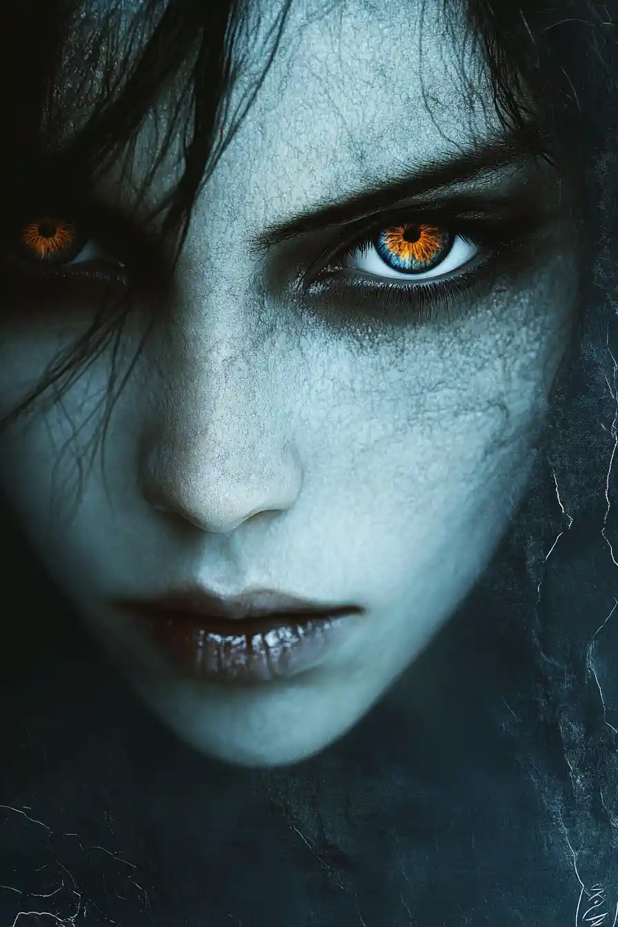 Androgynous portrait with mismatched glowing eyes in shadow