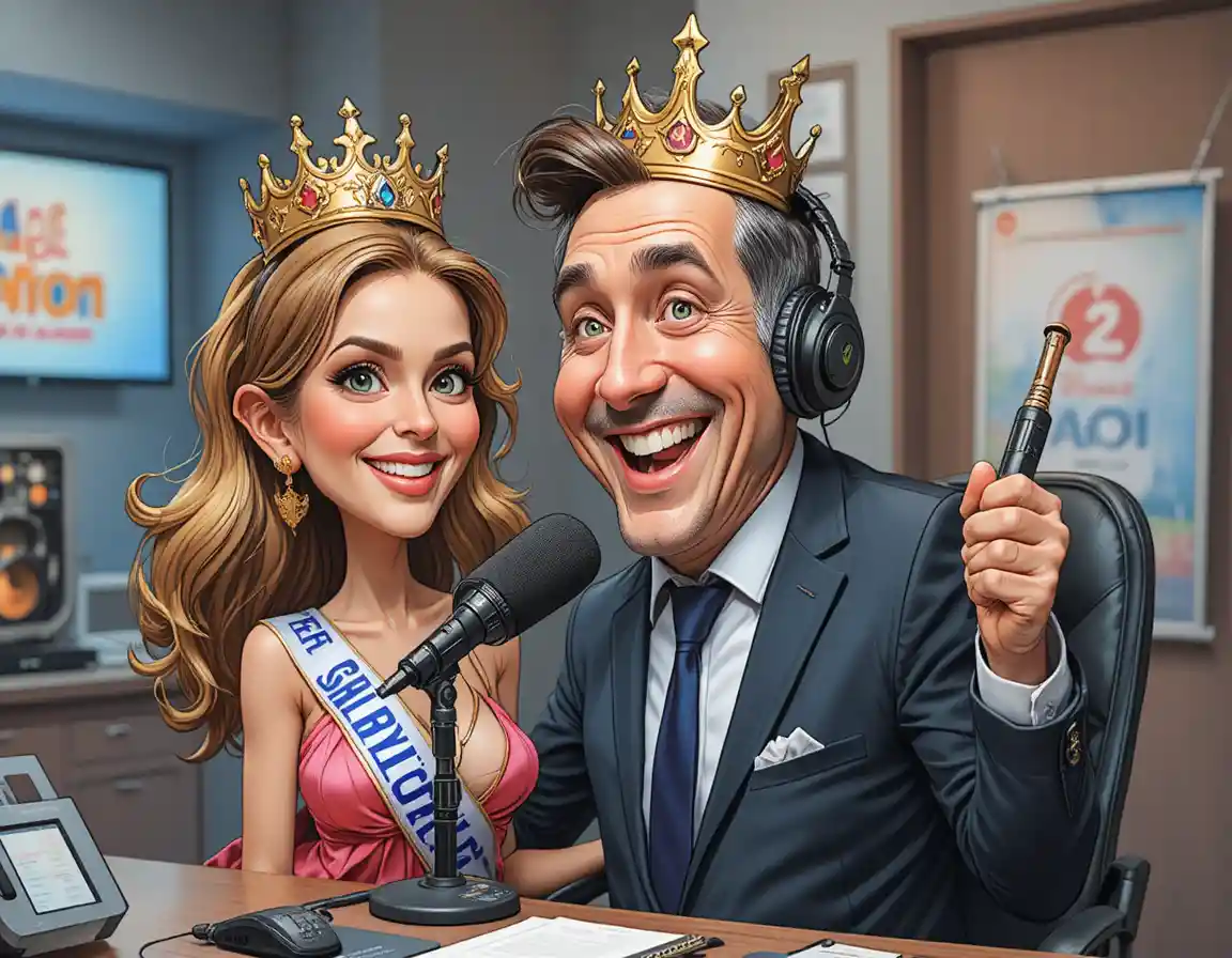 Speaker radiofonico a fumetti con corona accanto a timida reginetta di bellezza