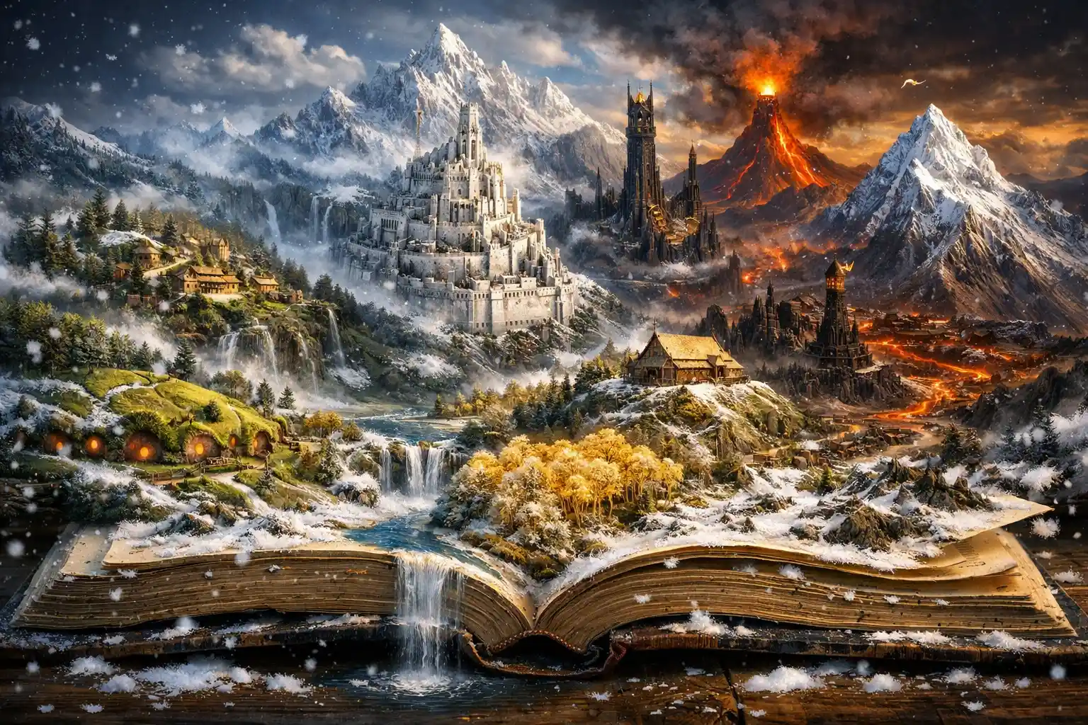 Ancient Open Book Revealing A Snowy Fantasy Landscape