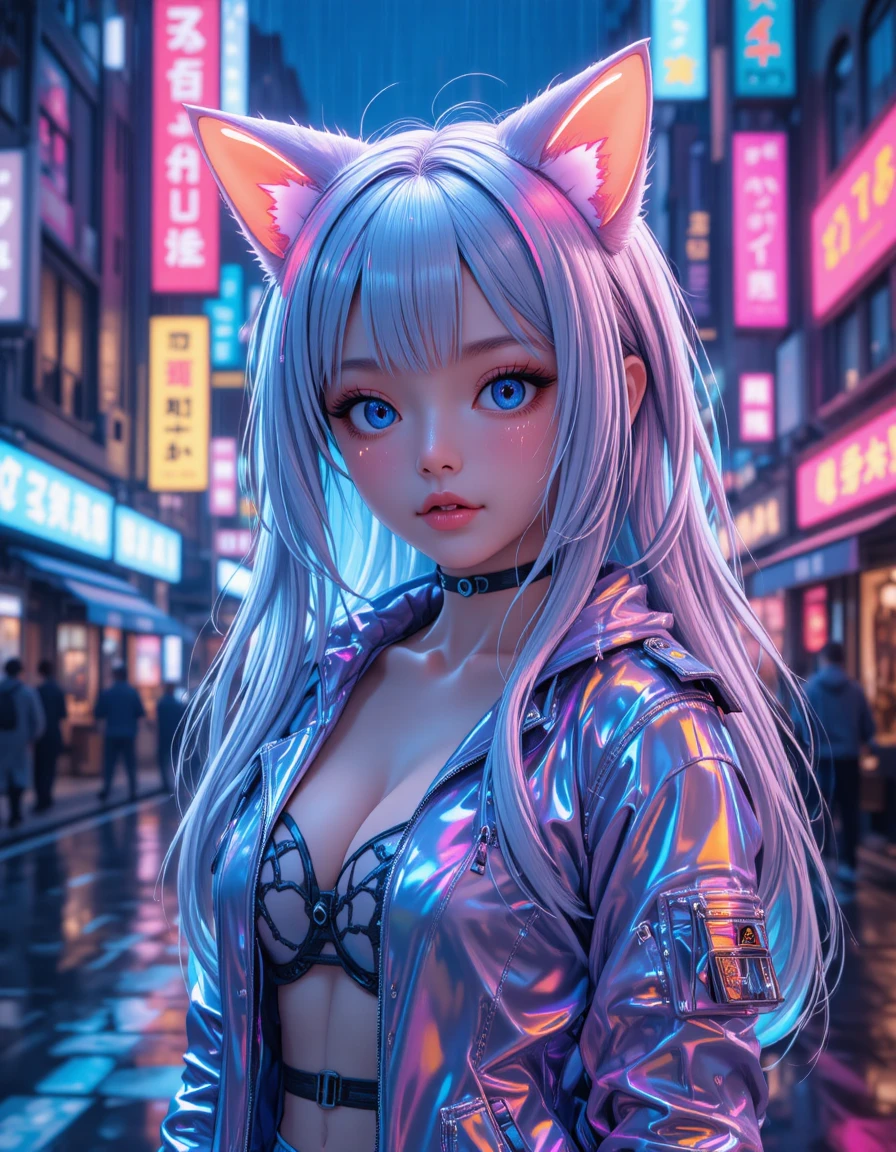 Adorable catgirl cyberpunk dans des rues de néon flamboyantes