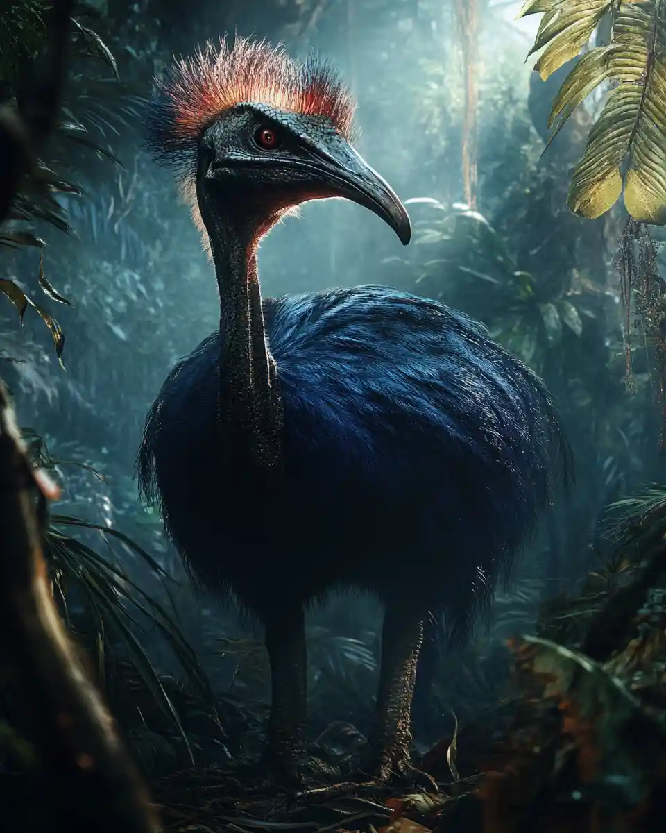Méchant casoar gigantesque dans un champ de bataille dramatique au cœur de la jungle