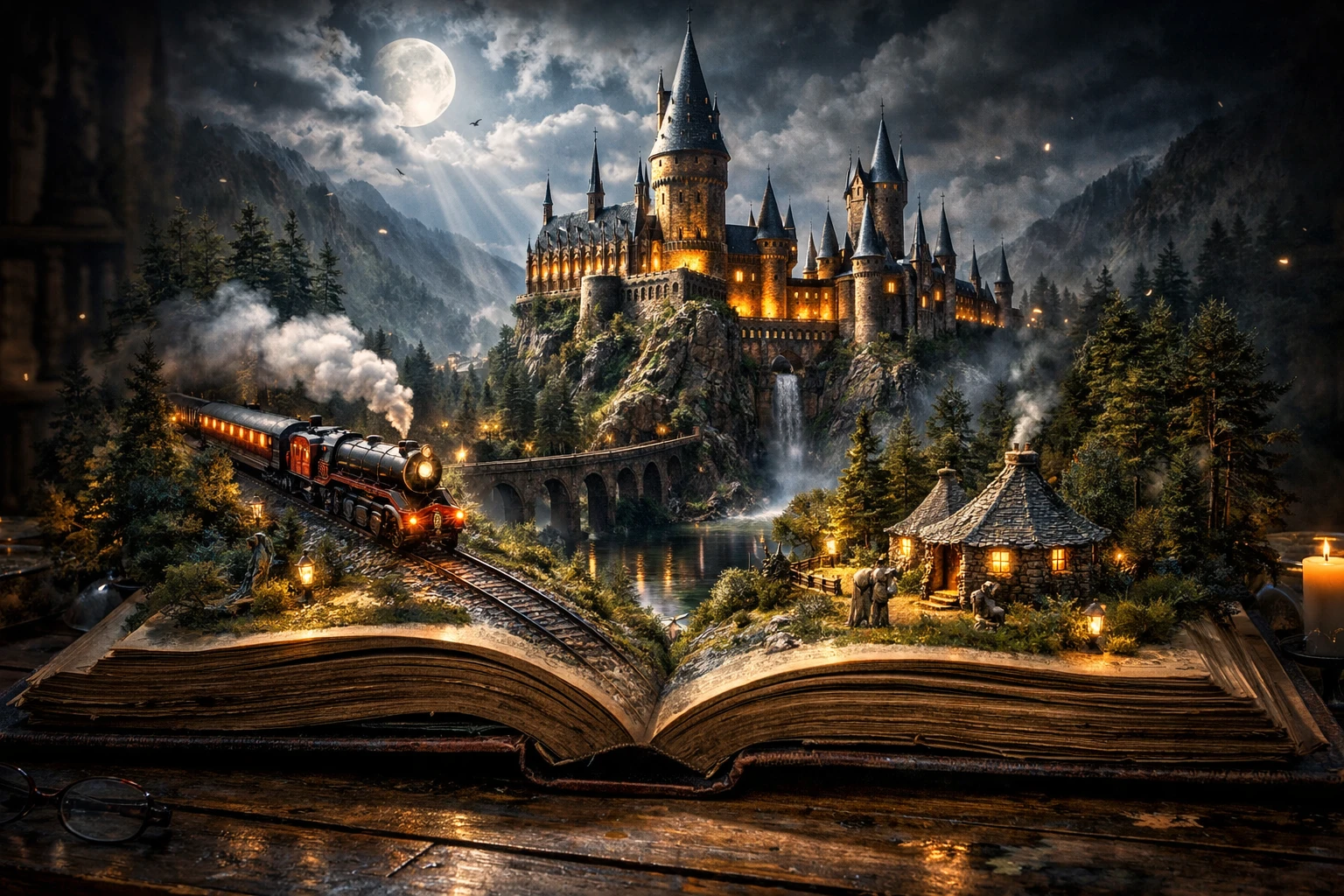 Livro antigo aberto revelando um mundo de castelo de fantasia brilhante