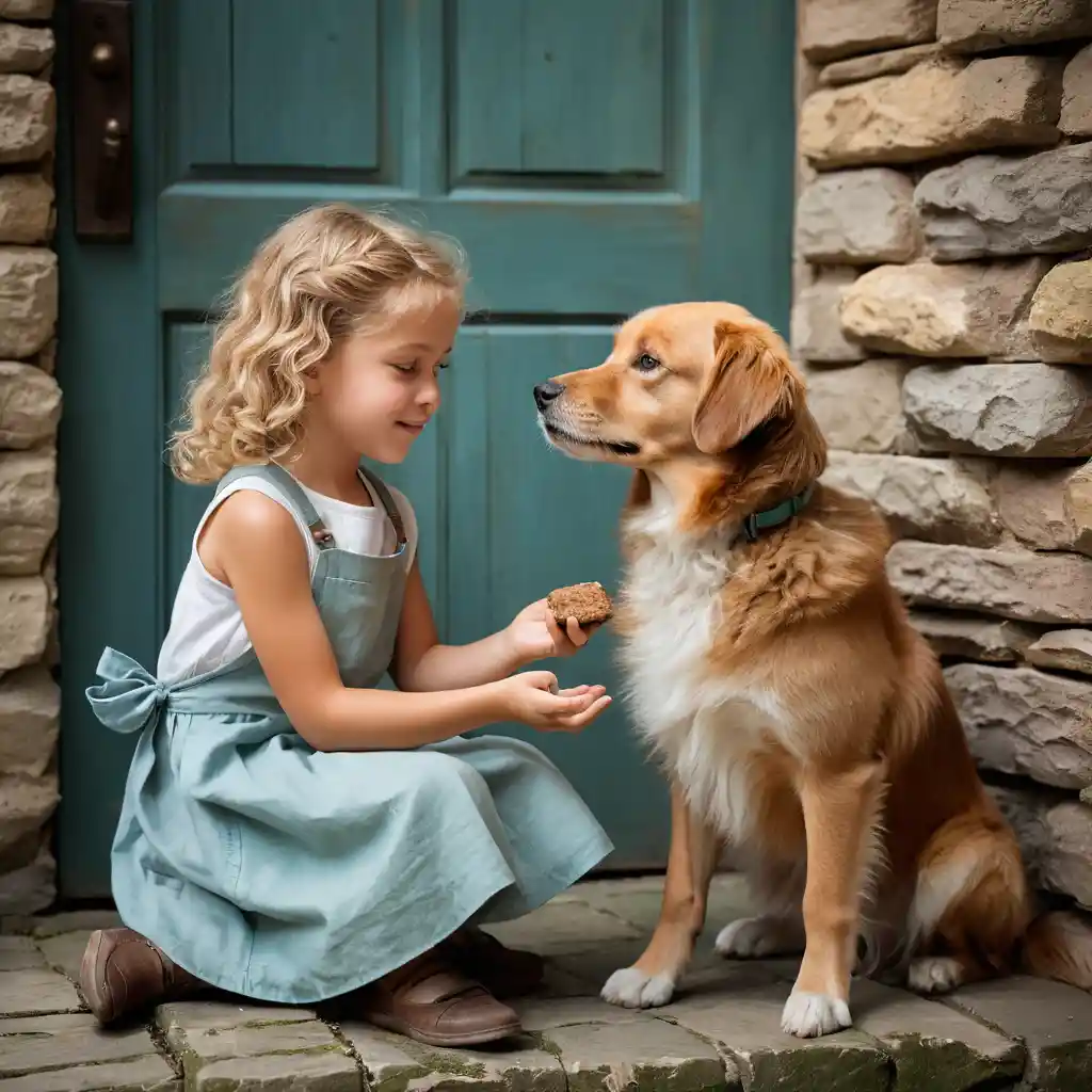 Menina pequena e cachorro compartilhando um petisco em um muro de pedra