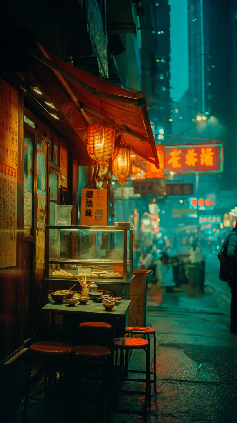 香港夜晚帶著溫暖燈籠光的街頭小吃攤
