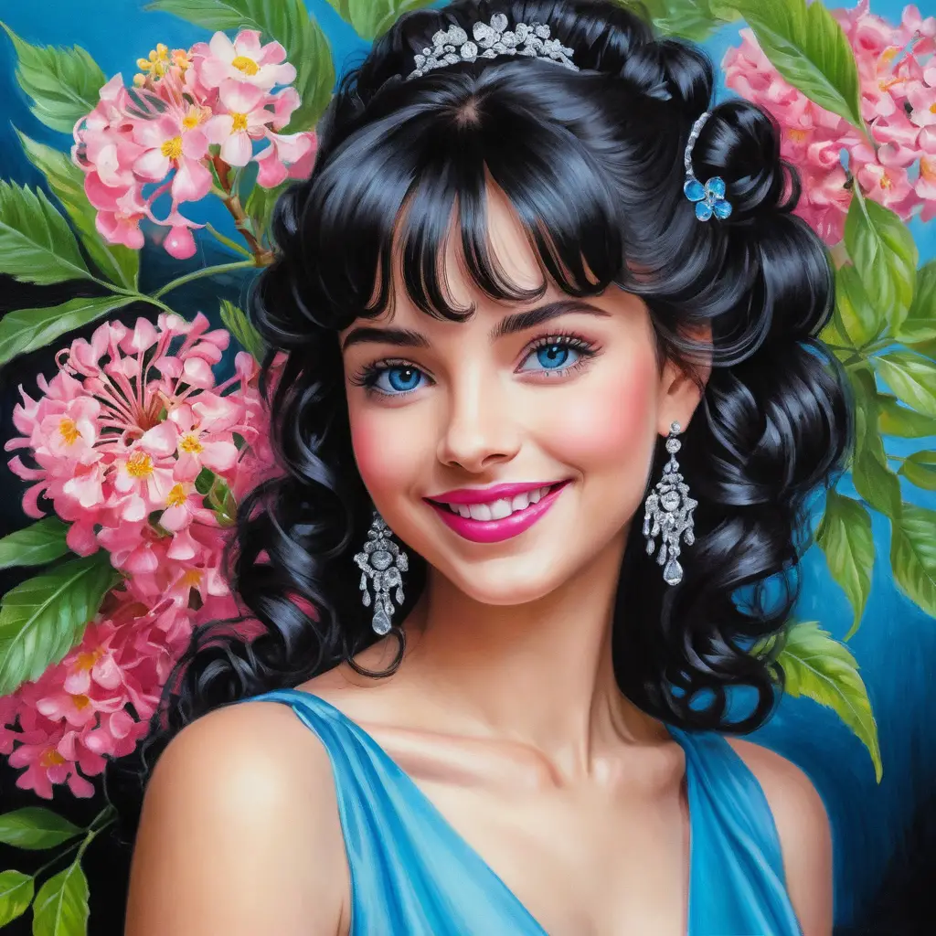 Garota sorridente com vestido rosa e buquê de flores de mimosa