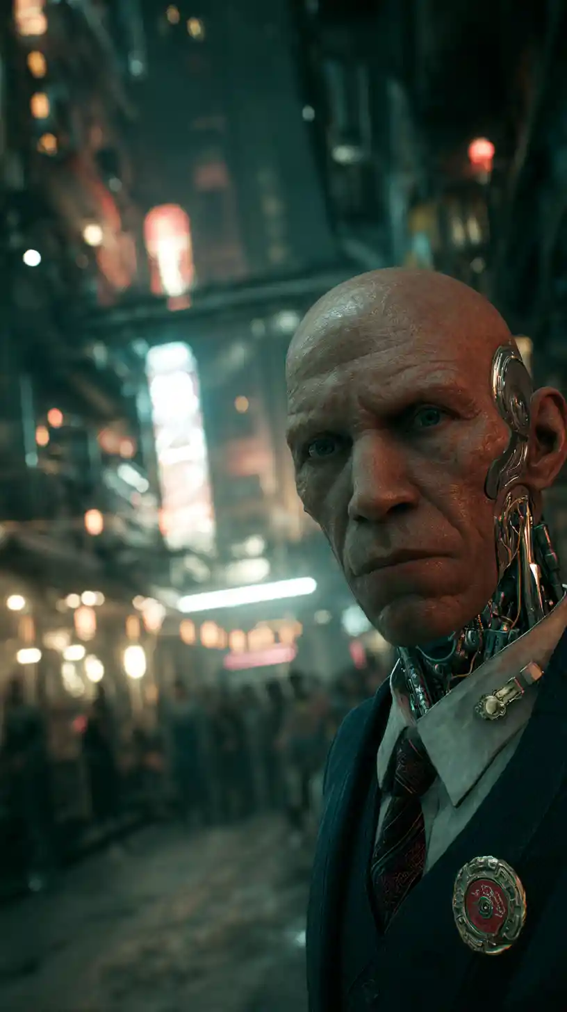 Cyborg-Geschäftsmann, der auf einer dunklen futuristischen Straße das Gesicht verzieht