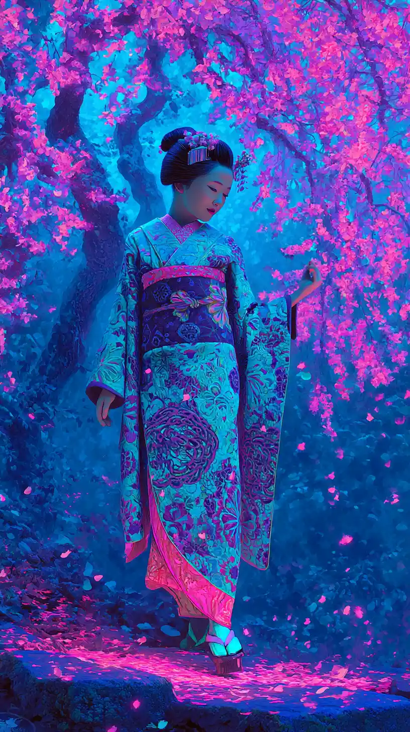 Geisha al neon sotto un ciliegio in fiore luminoso di notte