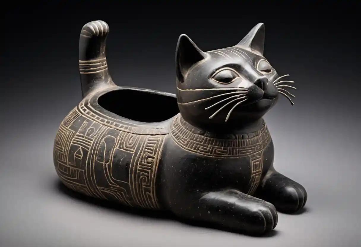 古代の猫の儀式用器・ダークストーン陶器スタイル