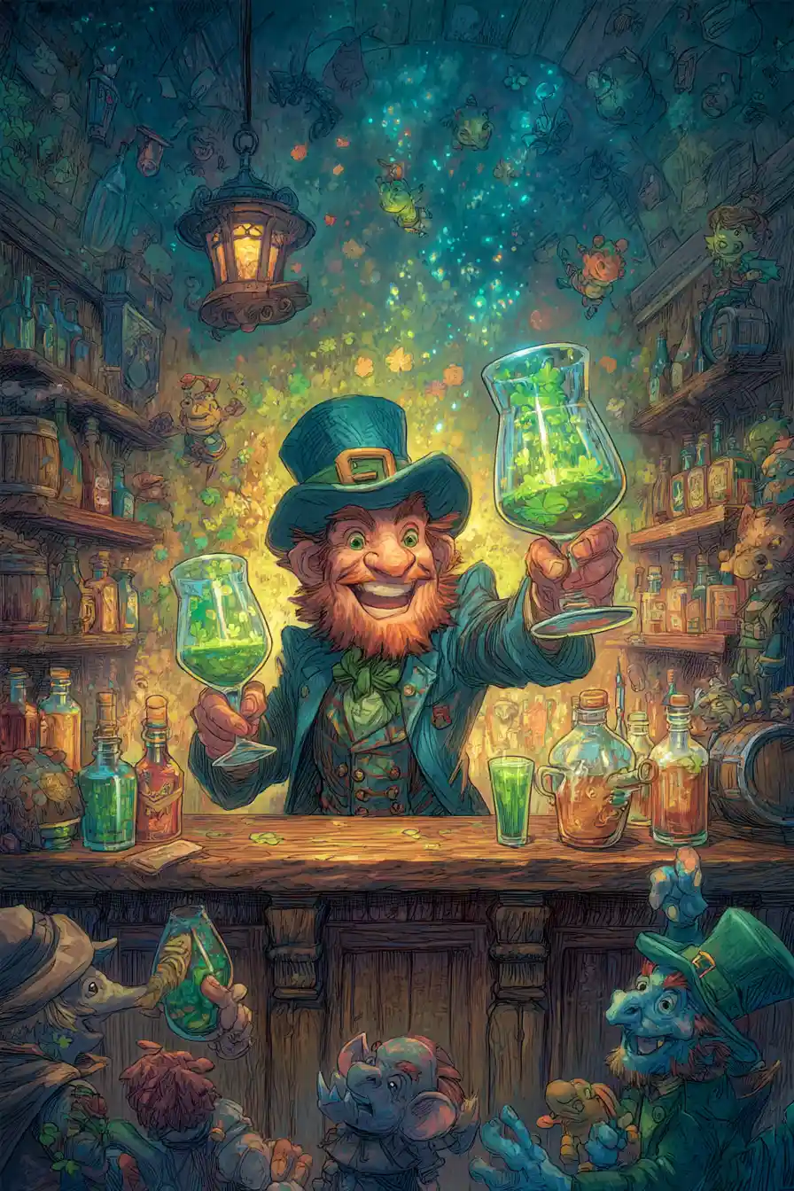 Barista leprecauno birichino che fa giochi di destrezza con cocktail verdi luminosi