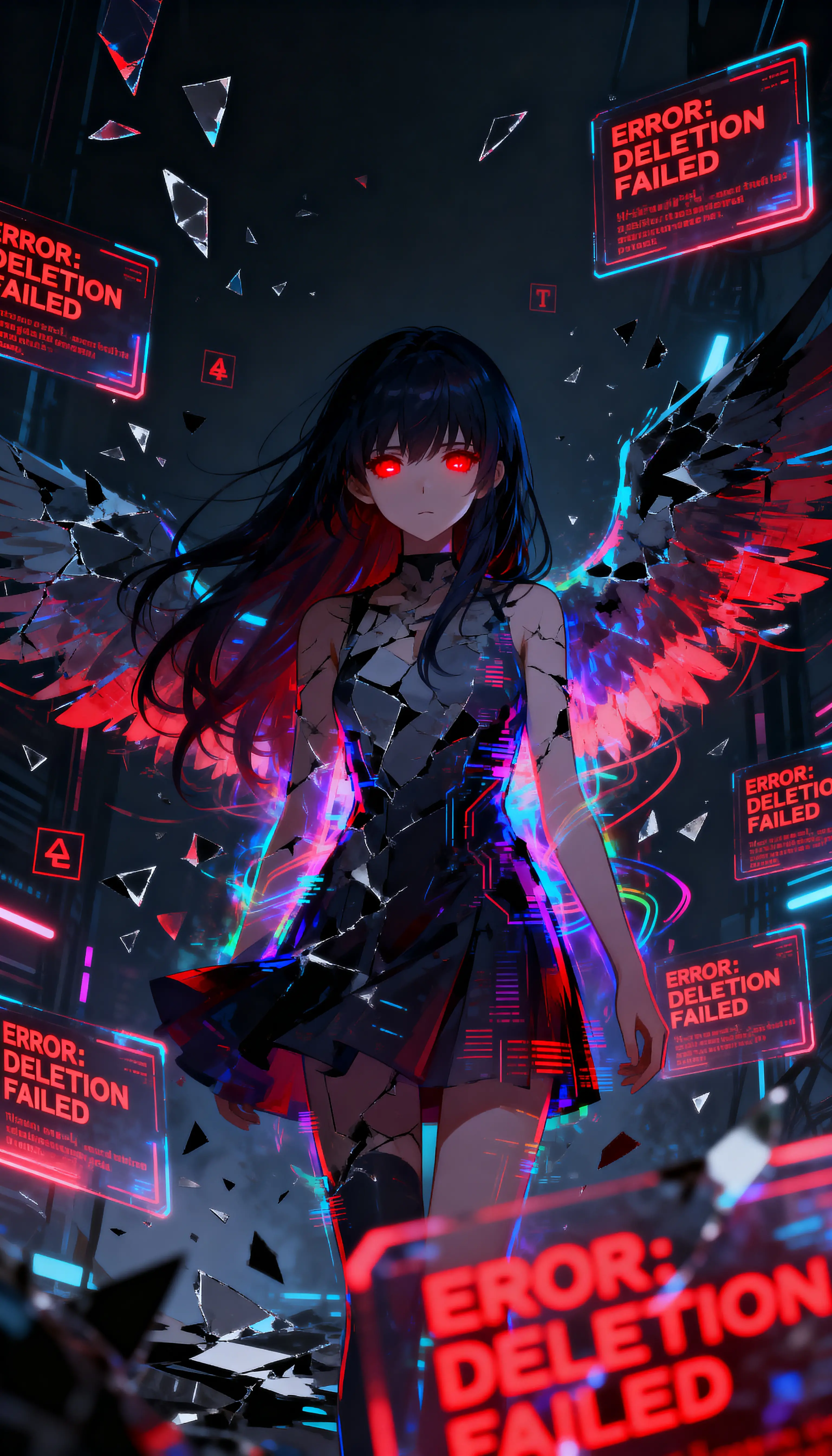 Stumme Anime‑Mädchenherrscherin über eine korrupte rote Cyberspace‑Domäne