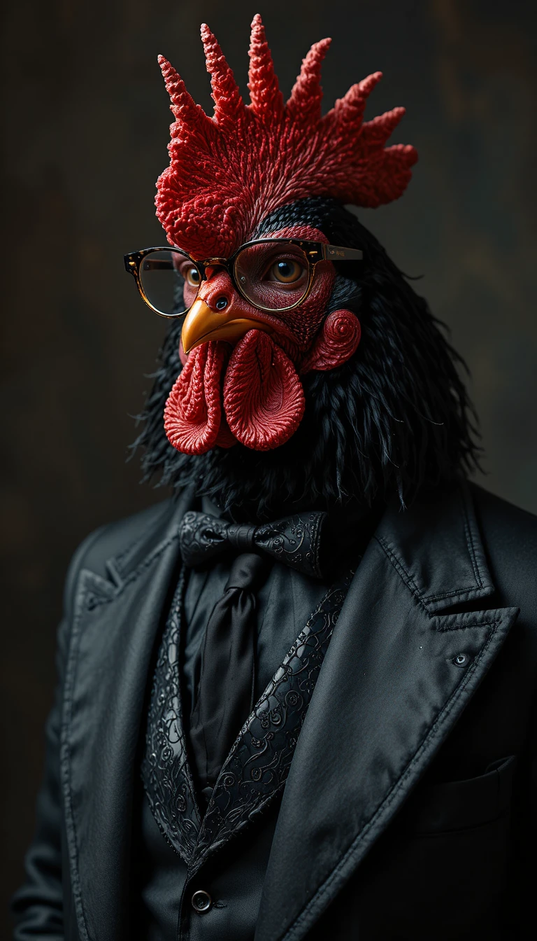 Elegant professor chicken in black silk clothing and glasses