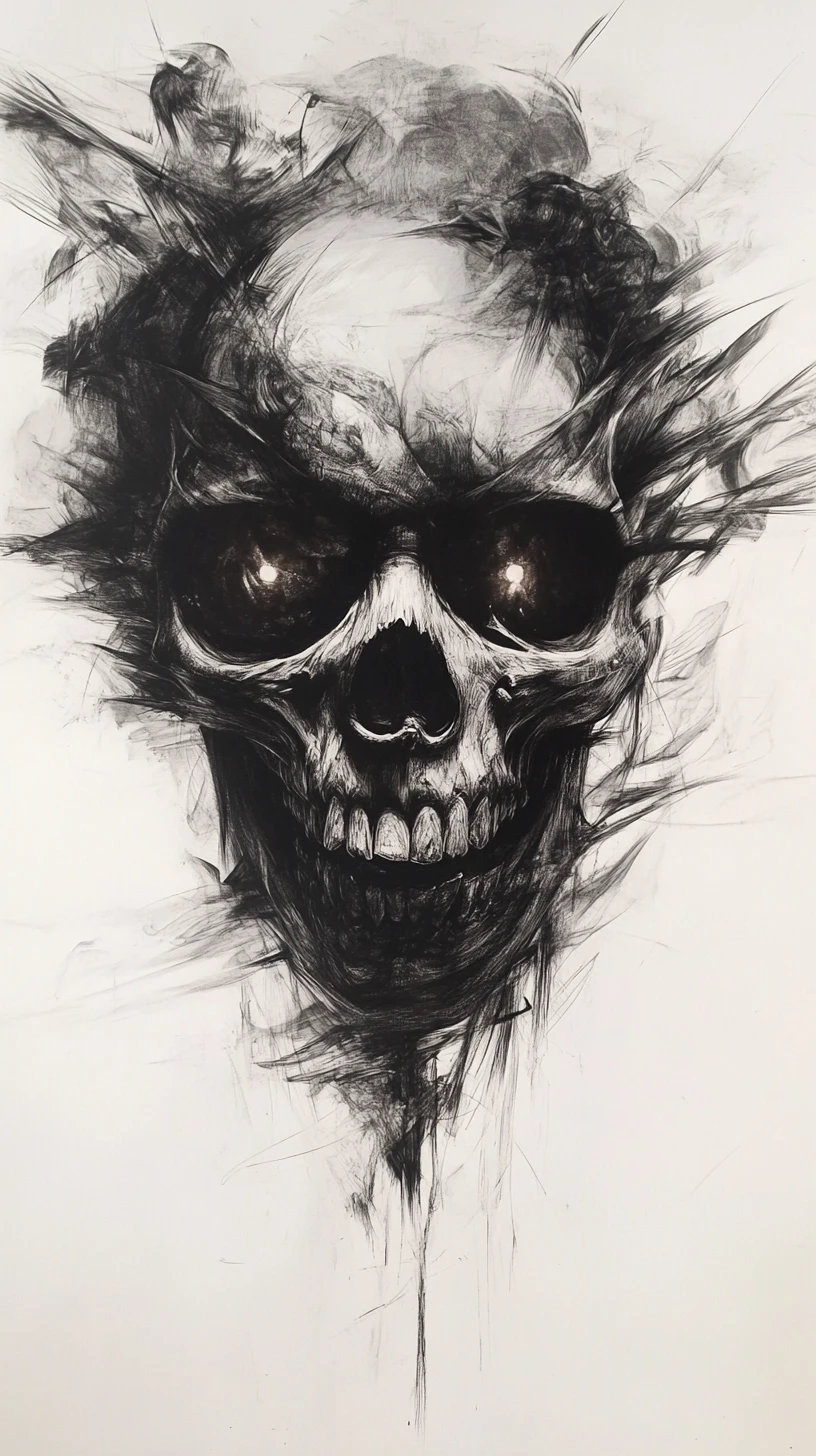 炭筆描繪的迷幻發光骷髏頭