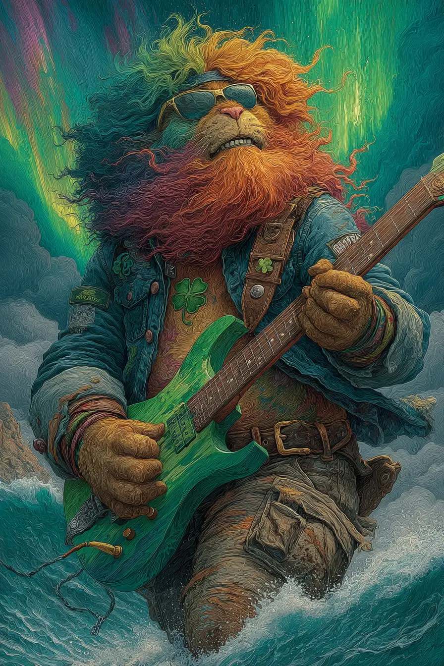 Irischer Leprechaun-Rockstar surft auf einem leuchtenden Regenbogen