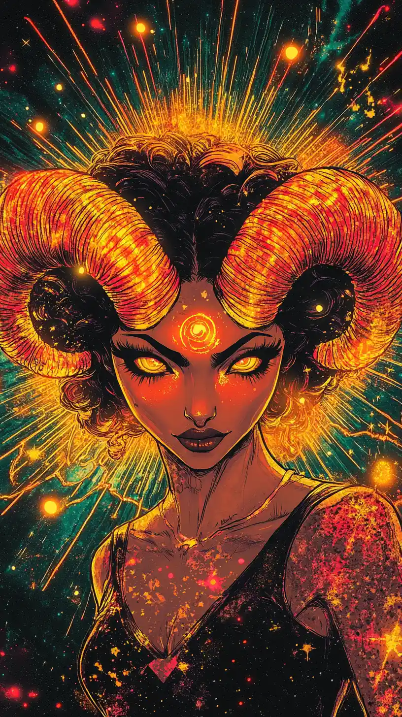 Diva ariete antropomorfa con corna infuocate nello spazio cosmico