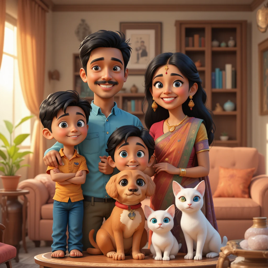 Happy Indian family with dog and cat at home